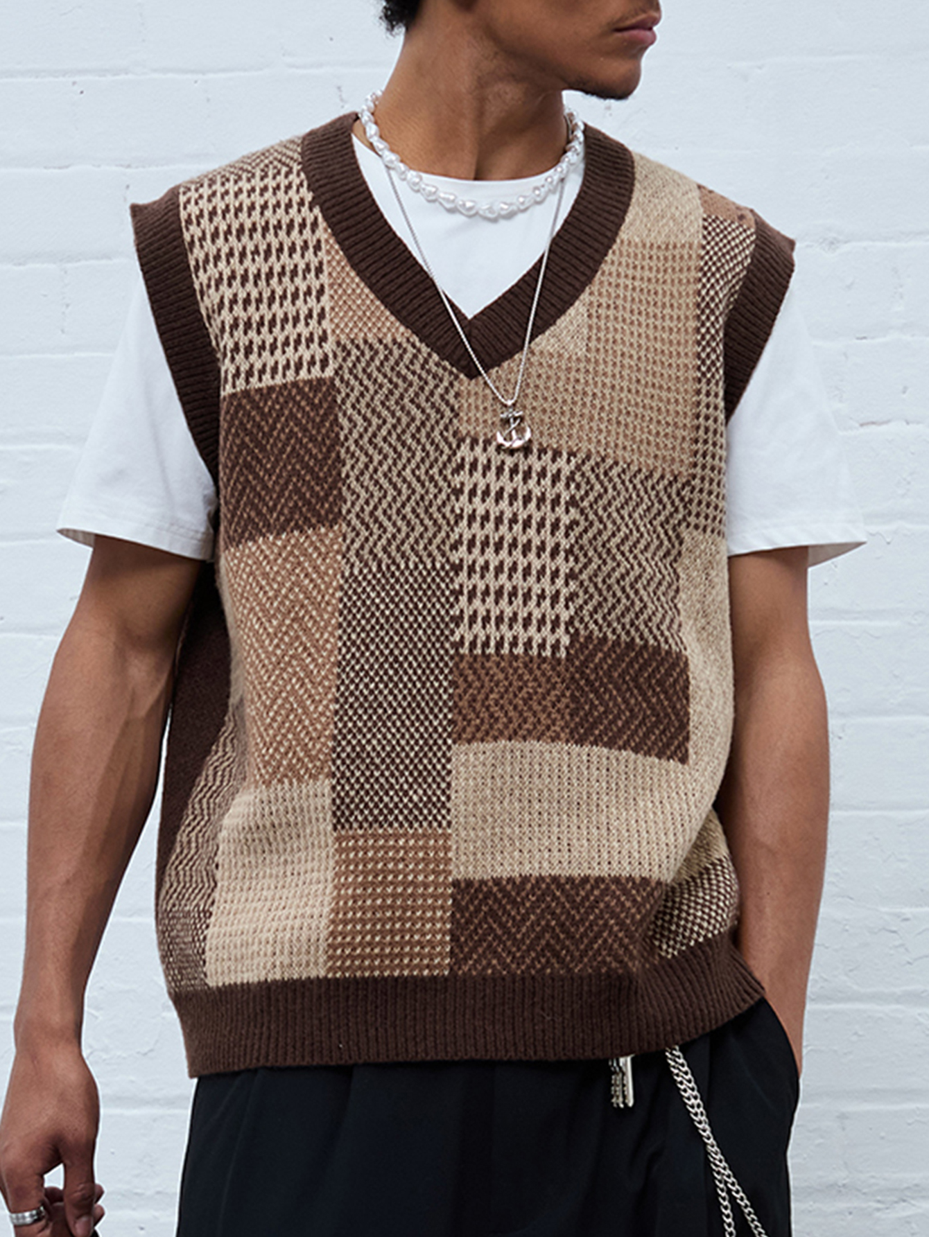 【YOKE】Printed Cotton Crewneck Vest 22ss OYOANGLE Men's Vintage Plaid Print Sweater Vest Sleeveless V Neck